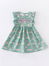 Load image into Gallery viewer, Green Easter Rabbit Floral Smocked Ruffle Girl Dress