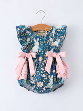 Load image into Gallery viewer, Teal Easter Bunny Garden Ruffle Sleeve Baby Girls Romper