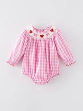 Load image into Gallery viewer, Valentine's Day Heart Bow Smocking Embroidered Pink Romper
