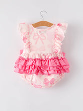 Load image into Gallery viewer, Girls Pink Bow Print Short Sleeves Romper