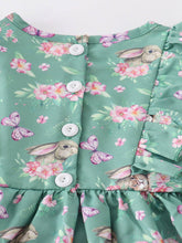 Load image into Gallery viewer, Green Easter Rabbit Floral Smocked Ruffle Girl Dress
