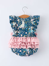 Load image into Gallery viewer, Teal Easter Bunny Garden Ruffle Sleeve Baby Girls Romper
