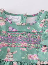 Load image into Gallery viewer, Green Easter Rabbit Floral Smocked Ruffle Girl Dress
