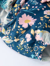 Load image into Gallery viewer, Teal Easter Bunny Garden Ruffle Sleeve Baby Girls Romper
