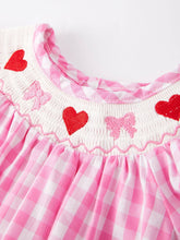 Load image into Gallery viewer, Valentine's Day Heart Bow Smocking Embroidered Pink Romper

