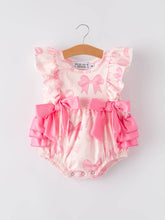 Load image into Gallery viewer, Girls Pink Bow Print Short Sleeves Romper
